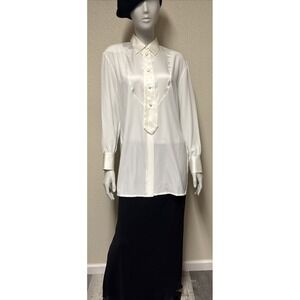 Womens Top Med Career White Mock Tie Menswear Lagen Office Tuxedo Blouse Sheer